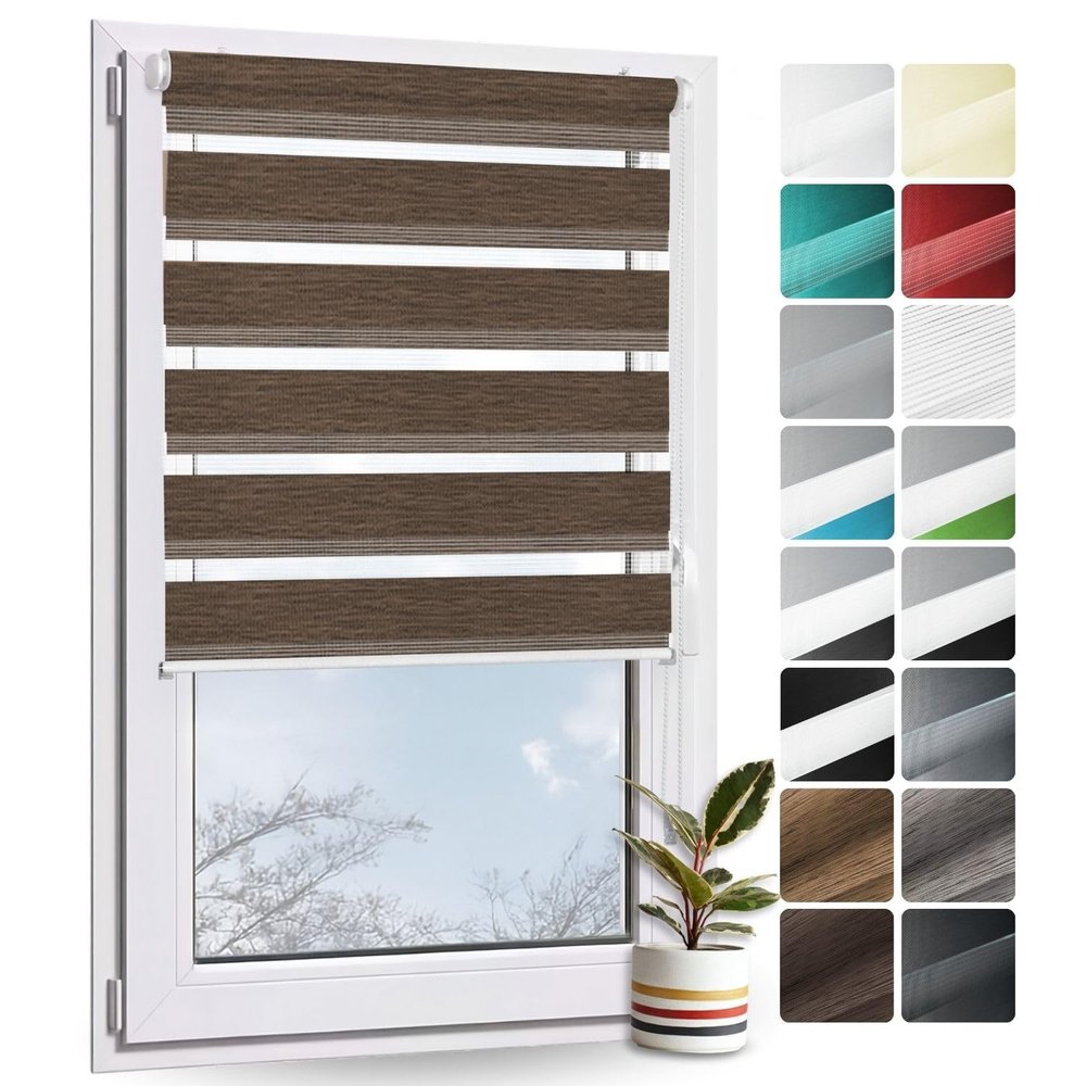 Rollmayer Double Roller Blind, No-Drill Clamp-Fit, Wood-Look Brown, W95 x H220 cm