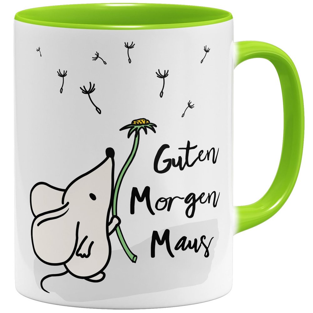 OM3 Good Morning Mouse Coffee Mug with Saying – Cute Mouse with Dandelion – Ceramic – 325 ml – Double-Sided Print – Light Green