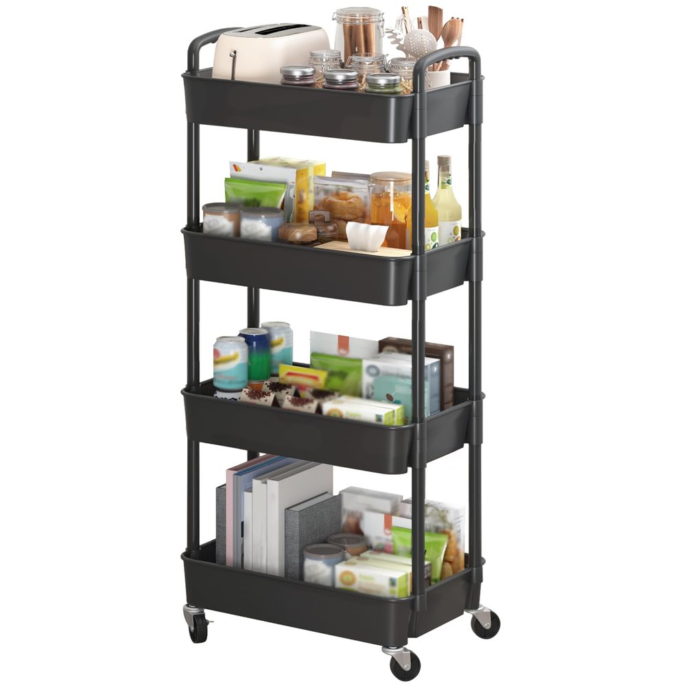 Sywhitta 4-Tier Rolling Cart with Handle, Black