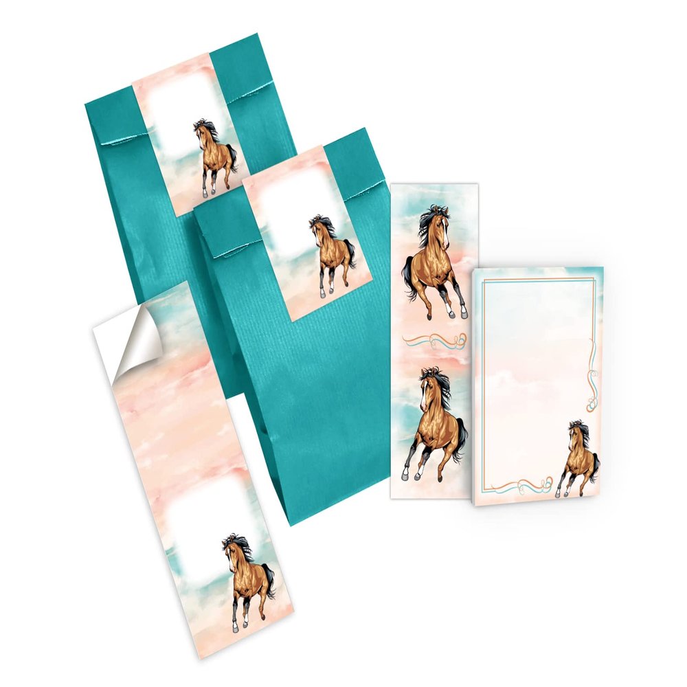 Junapack Girls' Birthday Party Favors: 12 Bookmarks, Notepads, Teal Bags and Horse Stickers