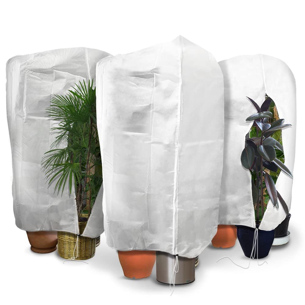 VOUNOT 3-Pack Winter Protection Bags for Potted Plants, Frost Covers with Zipper and Drawstring, 80 g/m², 120 x 180 cm