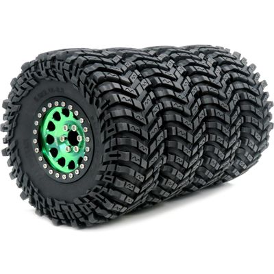 hobbysoul 4-Piece RC 2.2 Tire and Aluminum Beadlock Wheel Set, 127 mm, -10 mm Offset, Green/Black