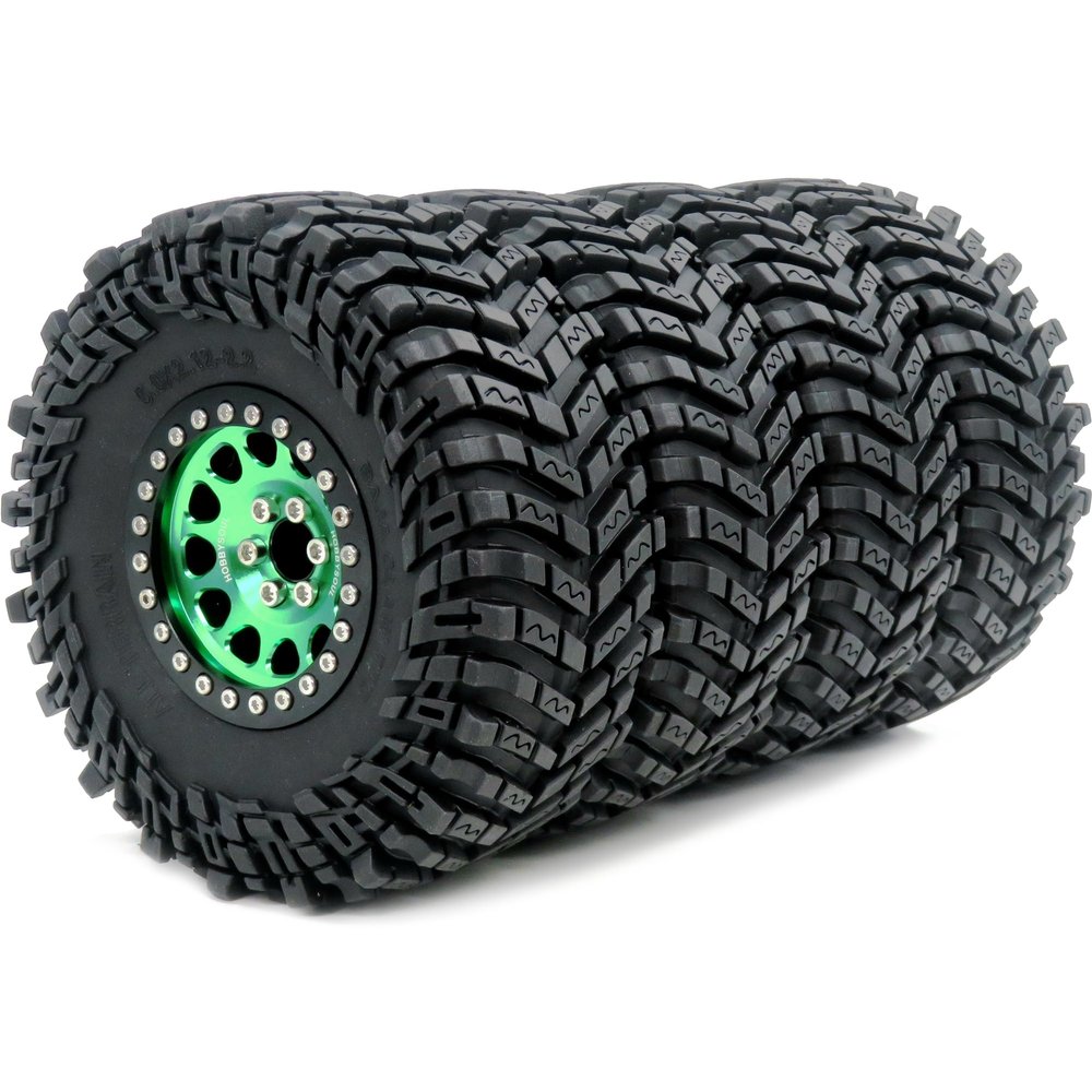 hobbysoul 4-Piece RC 2.2 Tire and Aluminum Beadlock Wheel Set, 127 mm, -10 mm Offset, Green/Black