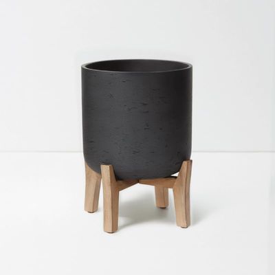 Finestgreen Charlie Feet Low | Handmade Planter on Wooden Feet (L: 29.5, H: 34.5 cm, Black) | Pottery Pots