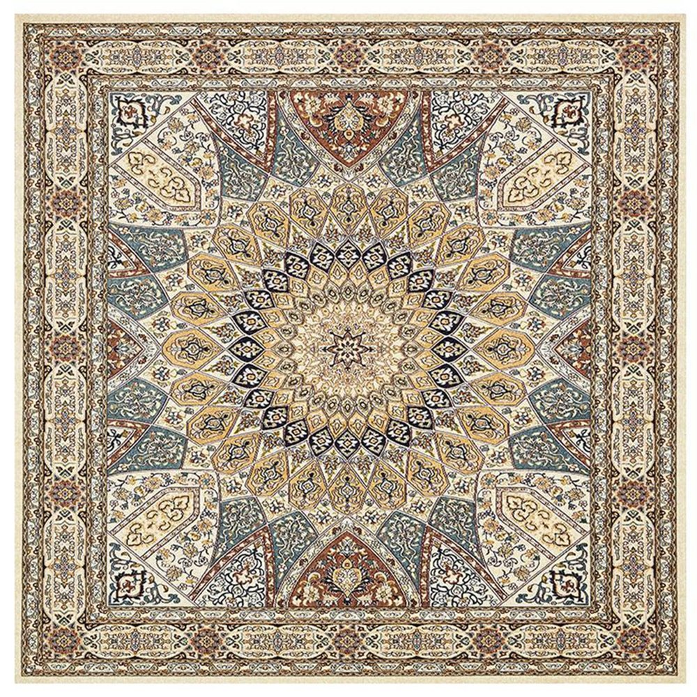 Rururug Square Area Rug, Short Pile, Non-Slip, Washable, Camel Vintage Floral, 150 x 150 cm