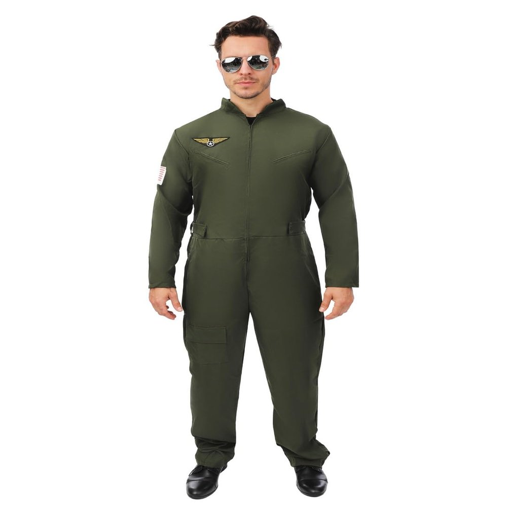 P'TIT CLOWN Fighter Pilot Costume - Air Pilot Suit for Carnival, Theme Parties, Costume Parties and Halloween - Adult Men - Jumpsuit - Khaki Green (S-M)