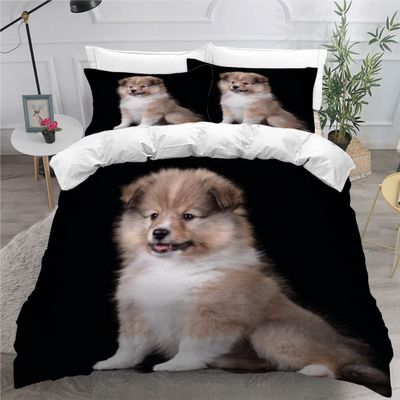 AOYNP Shetland 3D Puppy Bedding Set, 155 x 220 cm, Soft Microfiber, Zipper, 2 Pillowcases