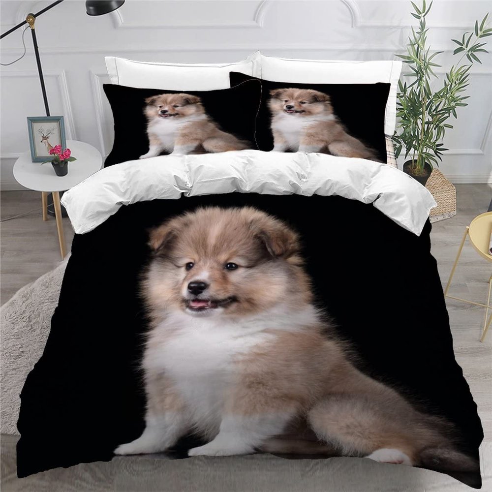 AOYNP Shetland 3D Puppy Bedding Set, 155 x 220 cm, Soft Microfiber, Zipper, 2 Pillowcases