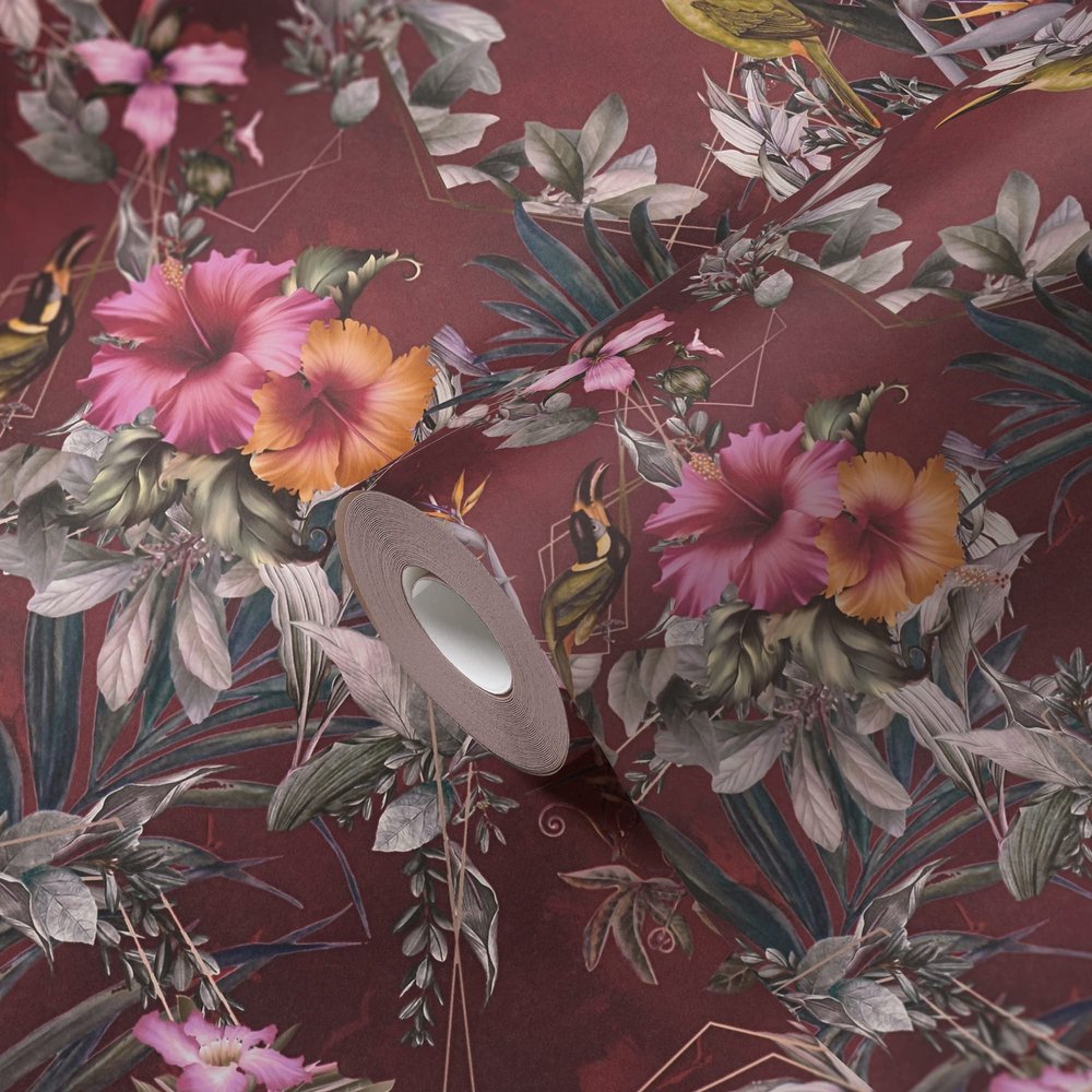 A.S. Création Dark Red Bird Wallpaper, Non-Woven Floral Wallpaper, Red/Green, 381785, 10.05 x 0.53 m, Made in Germany