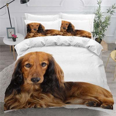 Long-Haired Dachshund Duvet Cover Set, 135 x 200 cm, 3-Piece Microfiber Bedding