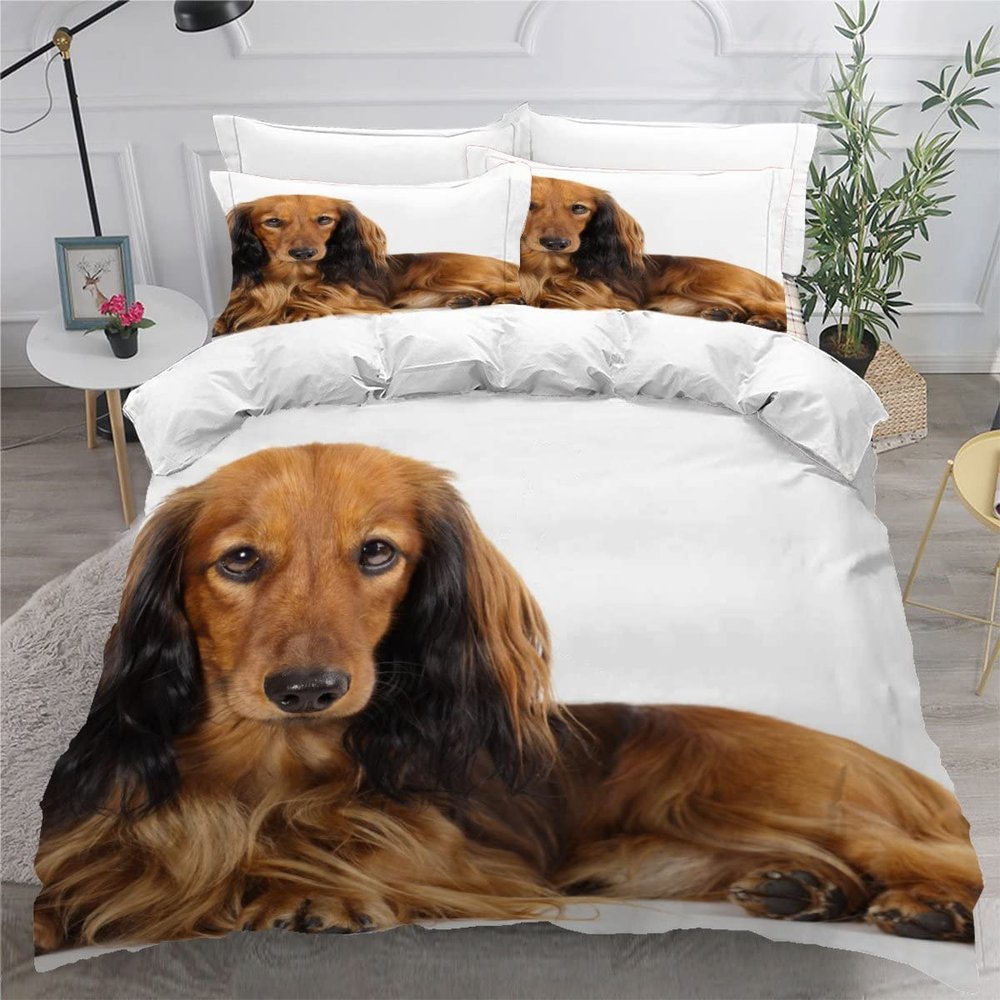 Long-Haired Dachshund Duvet Cover Set, 135 x 200 cm, 3-Piece Microfiber Bedding
