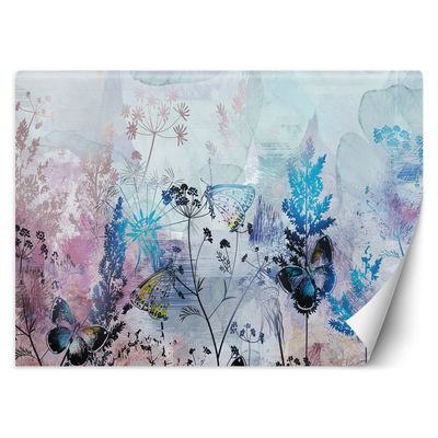 Feeby Blue Nonwoven Photo Wallpaper, Abstract Meadow with Butterflies and Plants, 250 x 175 cm