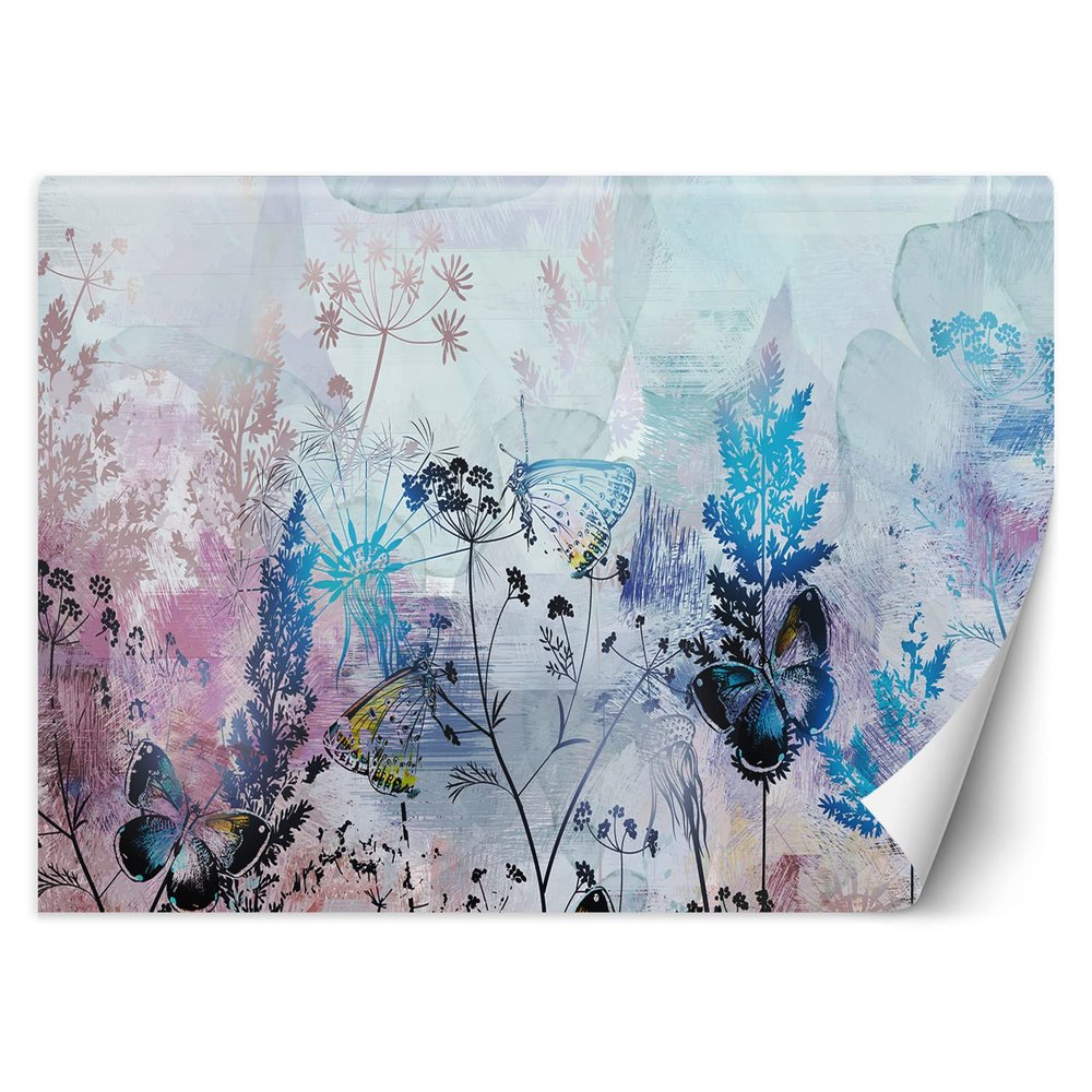 Feeby Blue Nonwoven Photo Wallpaper, Abstract Meadow with Butterflies and Plants, 250 x 175 cm