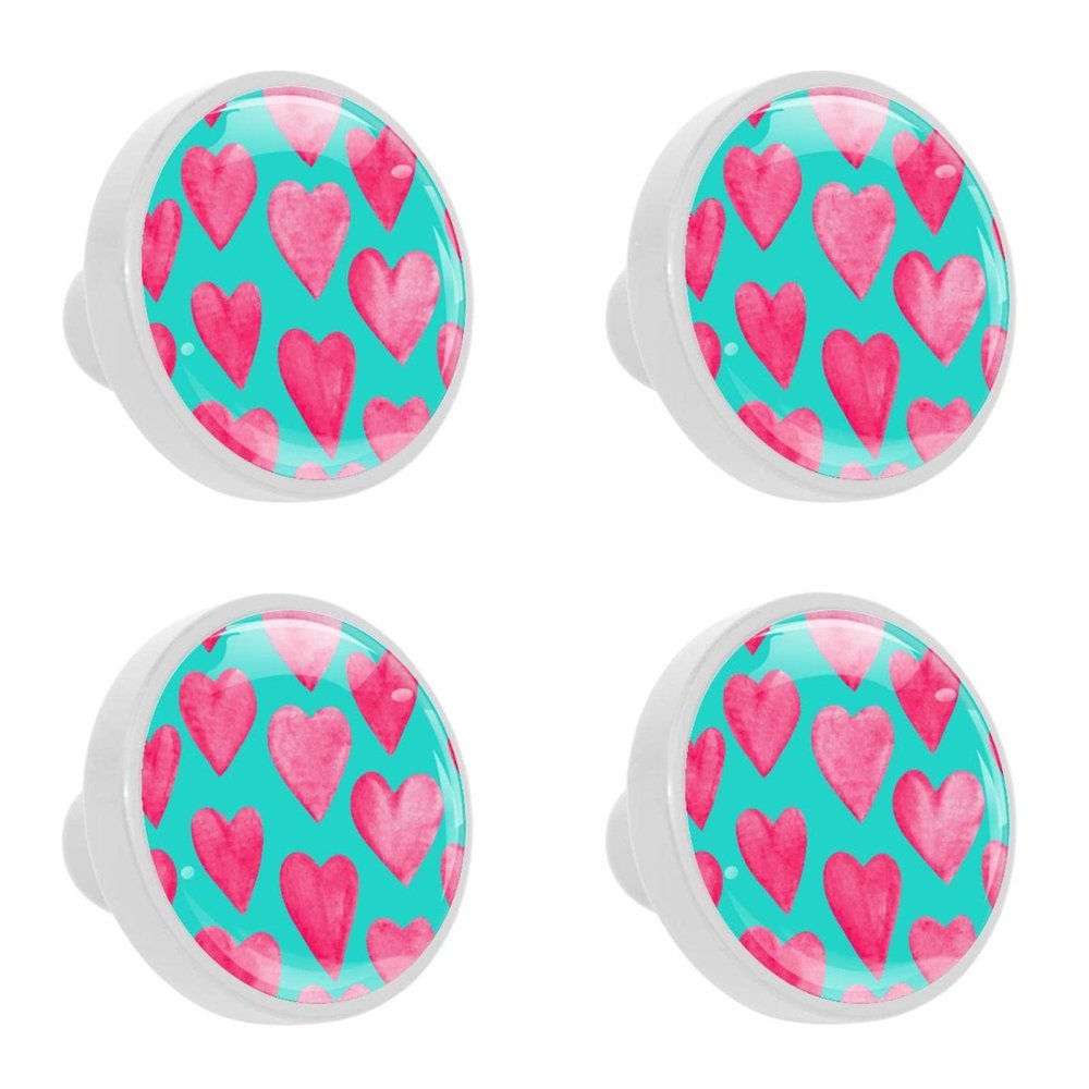 4-Piece Round Cabinet Knobs with Red Watercolor Hearts