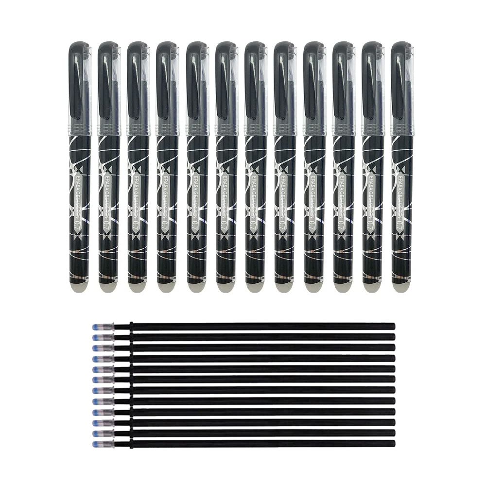 RHardware Black Ink, 12 Erasable Ballpoint Pens, 0.7 mm, and 12 Gel Pen Refills