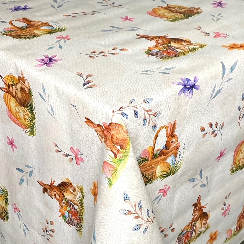 KEVKUS Embossed Oilcloth Tablecloth P1150-01 Easter Bunny and Eggs, 120 x 120 cm Square
