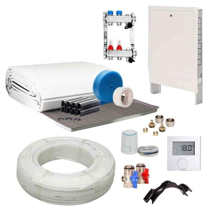 Hydronic Underfloor Heating Set, 60 m, Staple-Down System, 20 mm, Roll Track, PE-RT Pipe, VA15 Control D