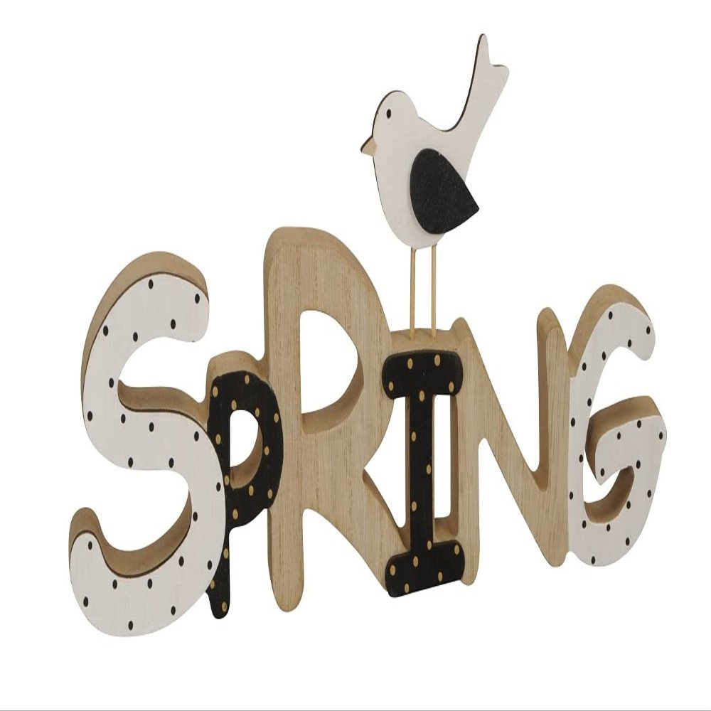 Posiwio Decorative “Spring Frühling” Wood Sign with Bird and Dots or Flower, Beige/Black/White, Approx. 28 × 2 × 13 cm