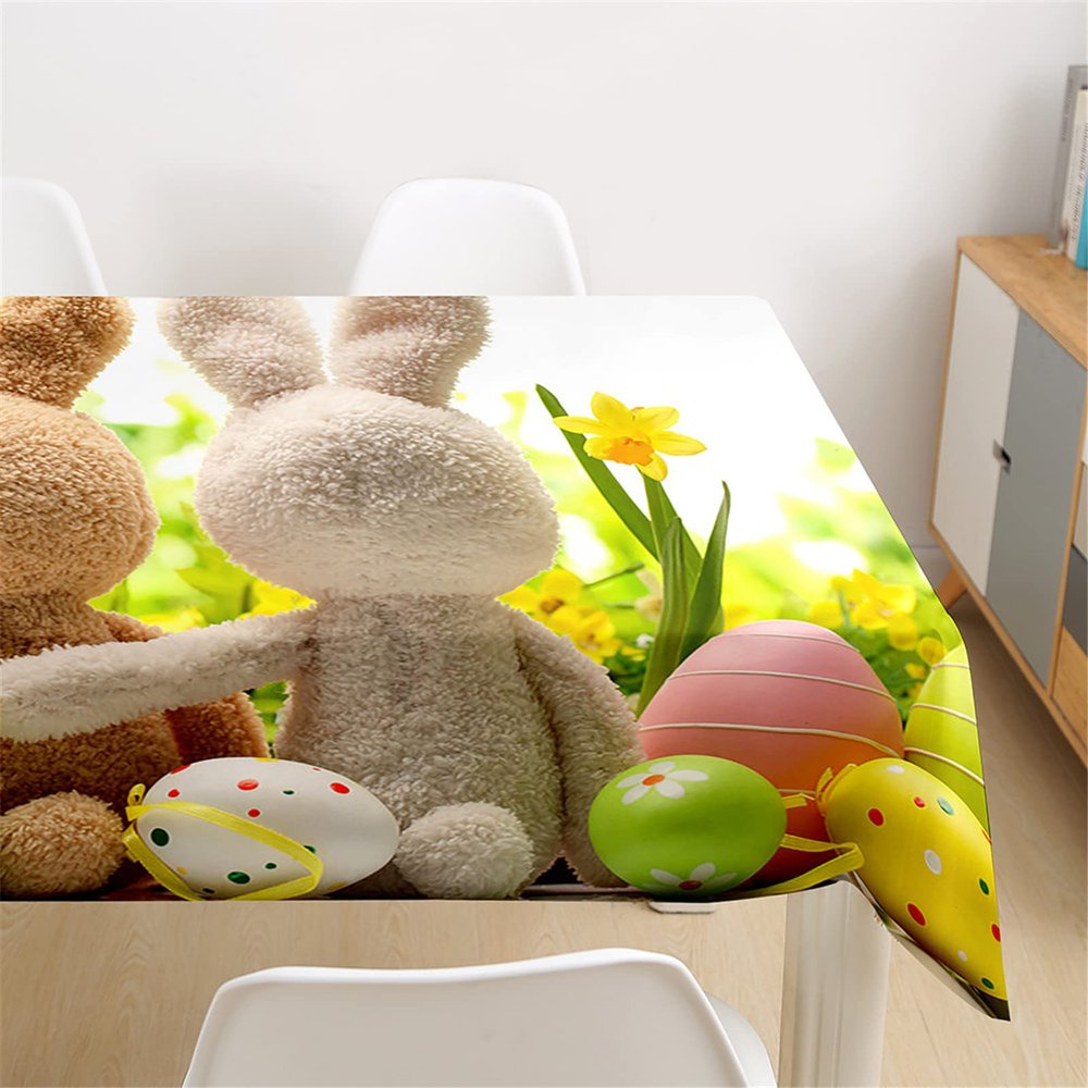 Morbuy Easter Tablecloth with 3D Rabbit Print, Waterproof, Washable, Yellow Flowers, 140 x 260 cm