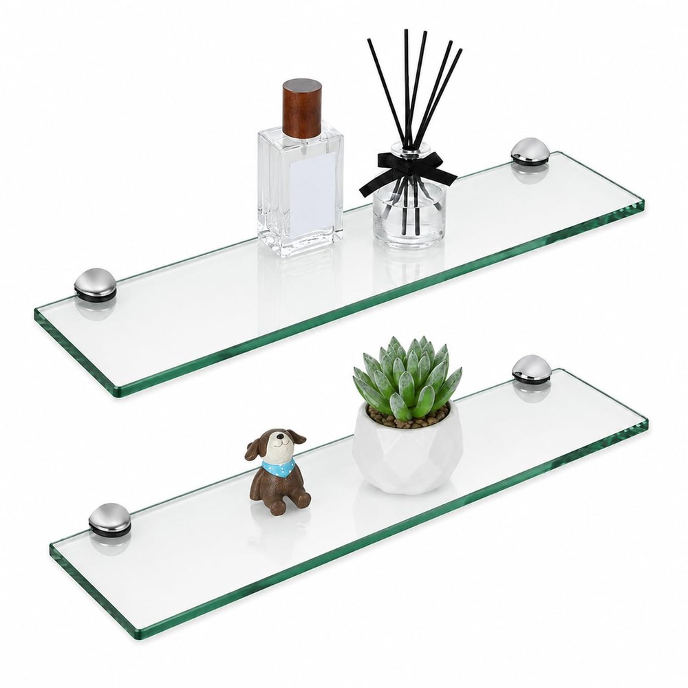 Randaco 2-Pack Glass Shelves, Clear Tempered Glass with Wall Brackets, 30 x 10 x 0.8 cm