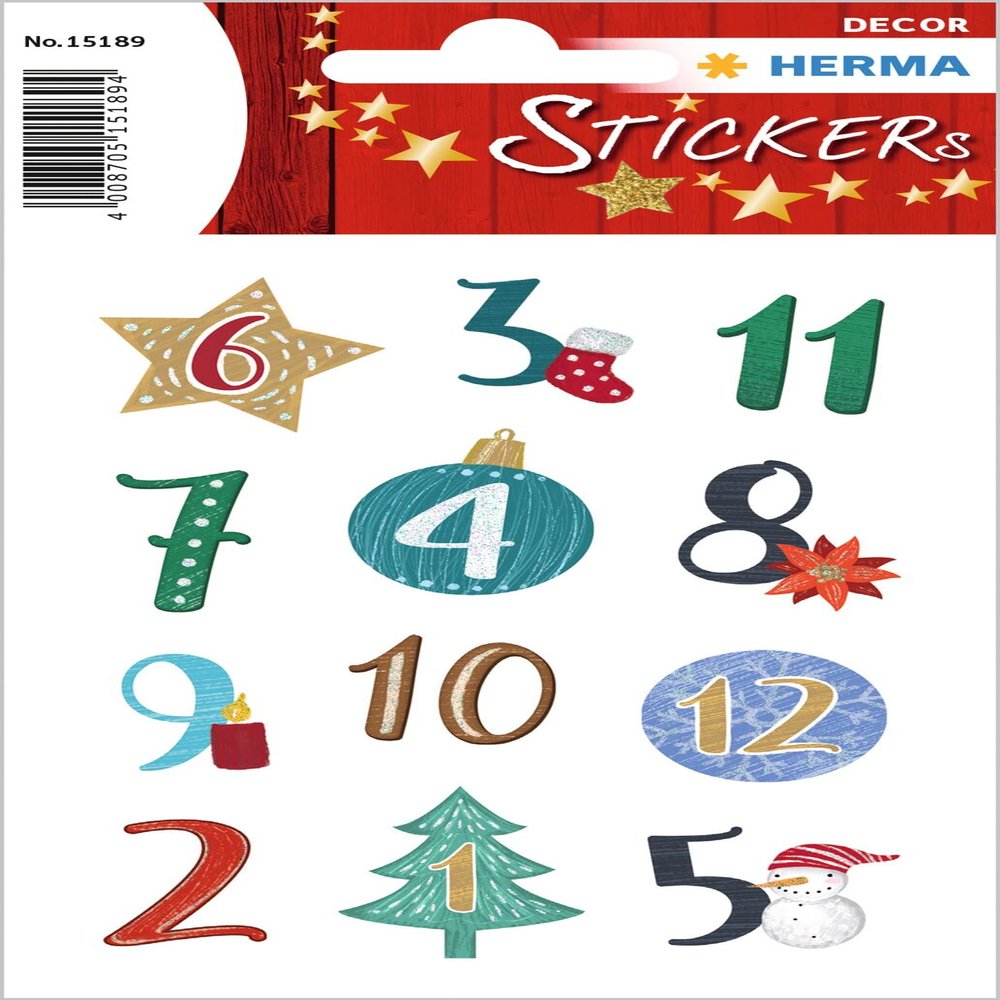 HERMA 15189 Glitter Number Stickers 1–24, 24 Count, Christmas Designs