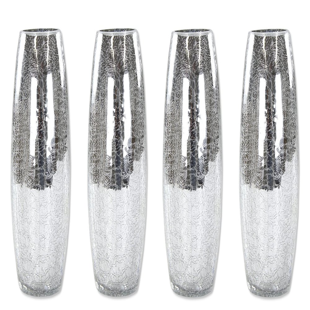 Crackle Glass Vases, 9.5 x 17 cm, Silver, Bulbous, 4-Pack