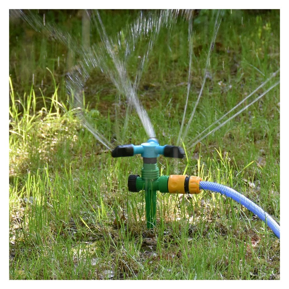 Automatic 360° Rotating Lawn Sprinkler with Holder, 3-Arm Garden Irrigation