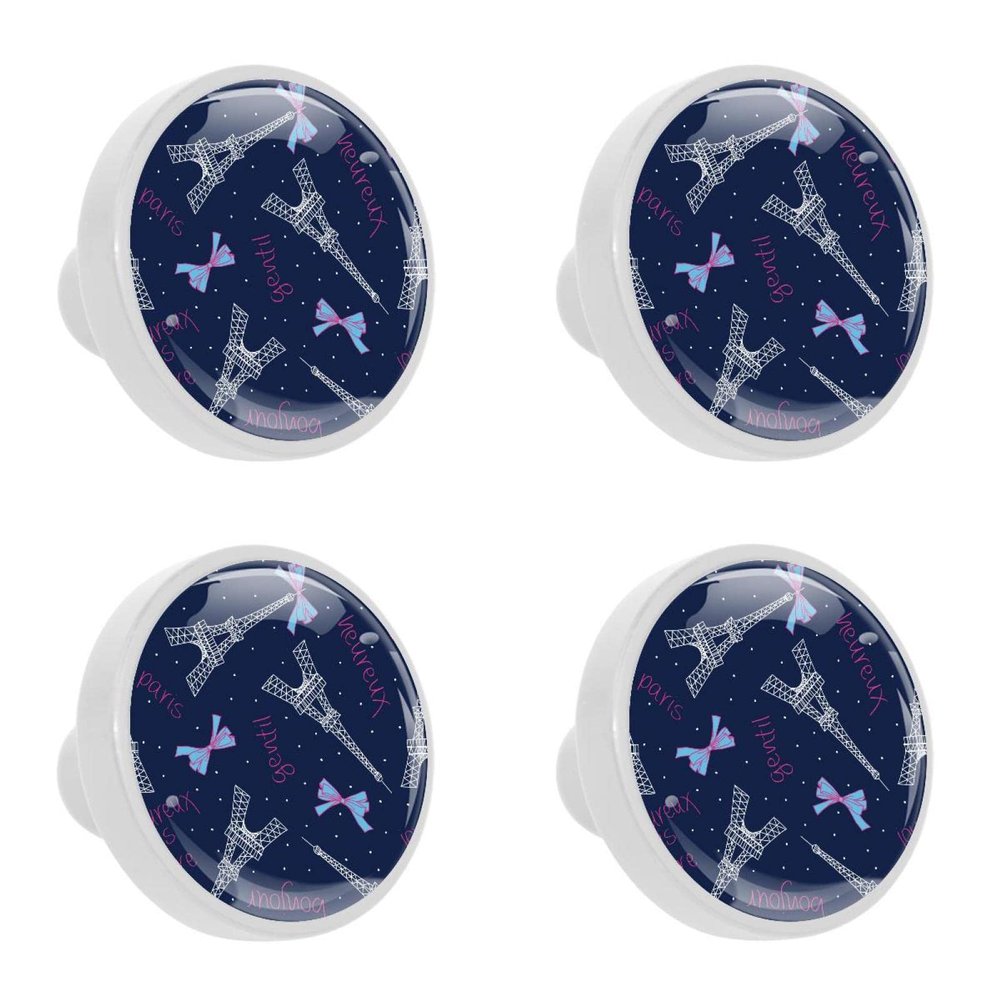 4-Piece Round Cabinet Knob Set, Paris Eiffel Tower and Bow Design