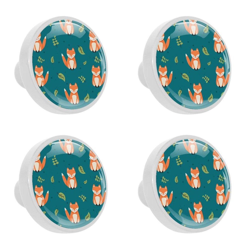 4-Piece Round Cabinet Knobs with Screws, Cartoon Fox and Maple Leaf Pattern