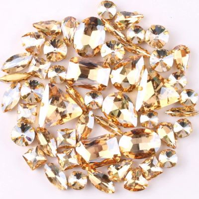 Gold-Tone Prong-Set Rhinestones, 50 Pieces, Mixed Shapes, AB Crystal Glass, Sew-On, A15 Champagne Gold