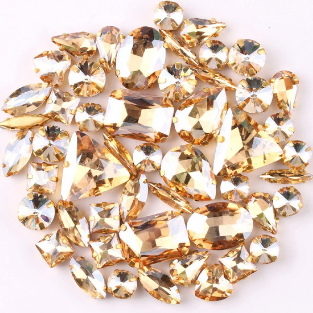 Gold-Tone Prong-Set Rhinestones, 50 Pieces, Mixed Shapes, AB Crystal Glass, Sew-On, A15 Champagne Gold