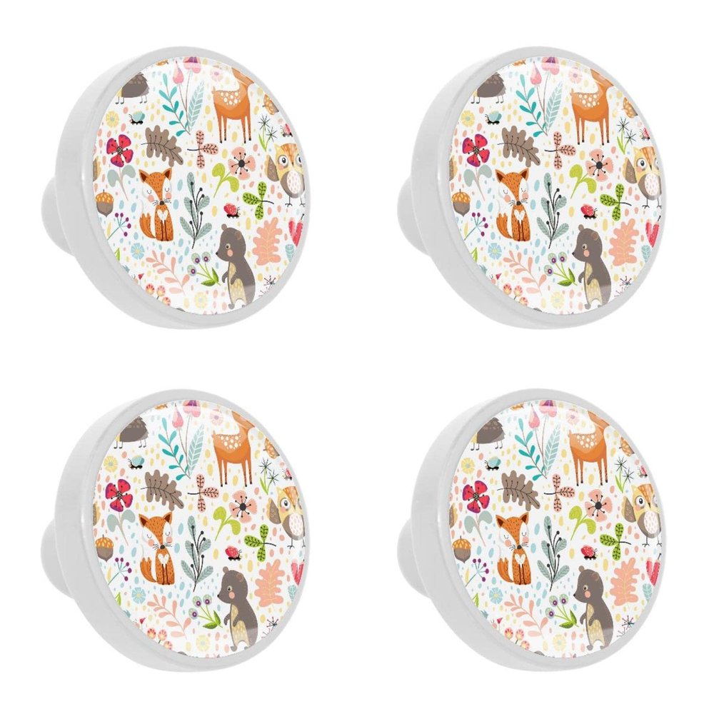 4-Piece Round Crystal Glass Cabinet Knob Set with Screws, Animal and Plant Designs