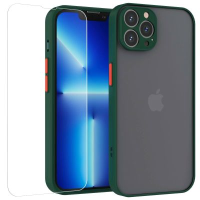 Mixroom Case + Screen Protector for Apple iPhone 12 Pro Max, Matte Bumper with Camera Protection, Semi-Transparent Leaf Green Back