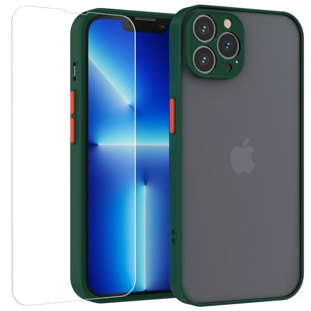 Mixroom Case + Screen Protector for Apple iPhone 12 Pro Max, Matte Bumper with Camera Protection, Semi-Transparent Leaf Green Back