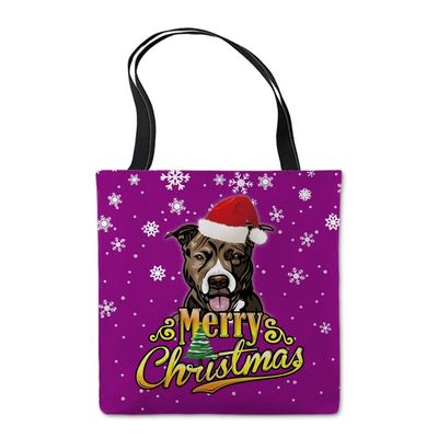 Merry Christmas Havanese Dog Canvas Tote Bag with Santa Hat, Polka Dots, Snowflakes and Christmas Tree, Purple, Double-Sided Print, Multi68