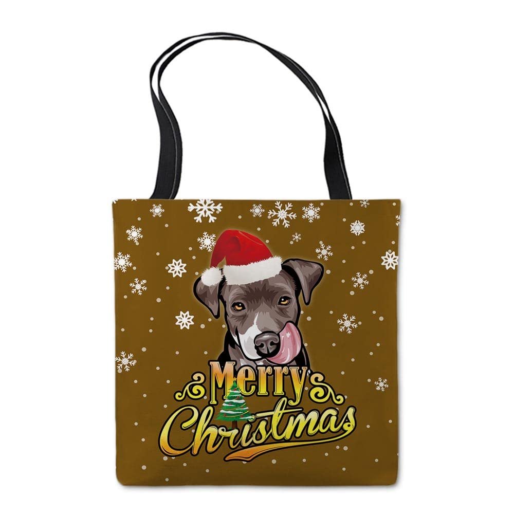 Merry Christmas Canvas Tote Bag, Cute Havanese Dog with Santa Hat, Polka Dots, Snowflakes and Christmas Tree, Brown Shoulder Bag, Double-Sided Print, Gift, Multi69