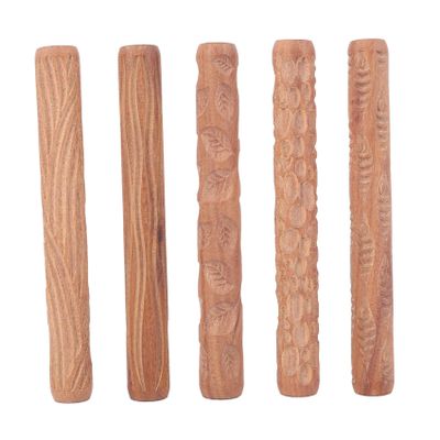 Vrttlkkfe 5-Piece Pottery Tools, Wooden Hand Rollers for Clay, Clay Stamps and Pattern Rollers