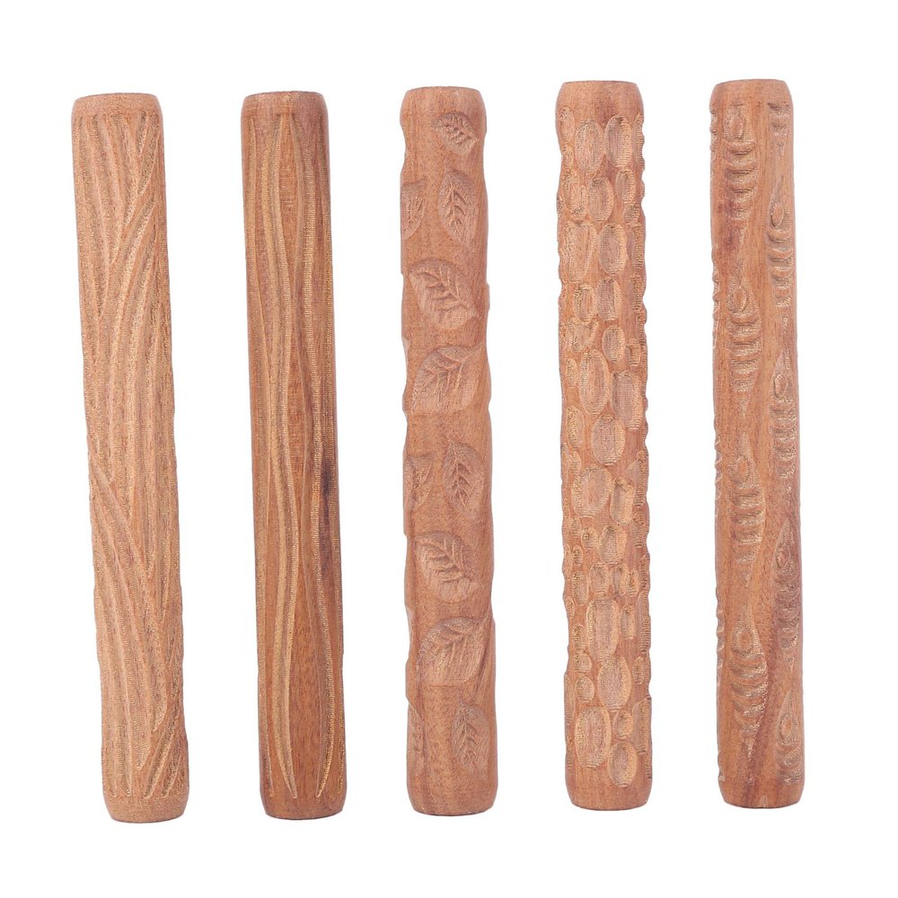 Vrttlkkfe 5-Piece Pottery Tools, Wooden Hand Rollers for Clay, Clay Stamps and Pattern Rollers