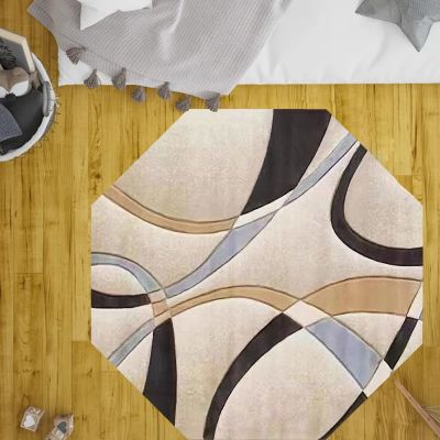 makeups69 Octagonal Short-Pile Washable Rug, Brown and Beige Geometric Design, 140 x 140 cm