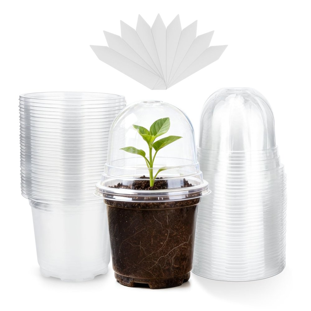 KINGLAKE 32-Pack 10 cm Seedling Pots with Humidity Domes and Plant Labels
