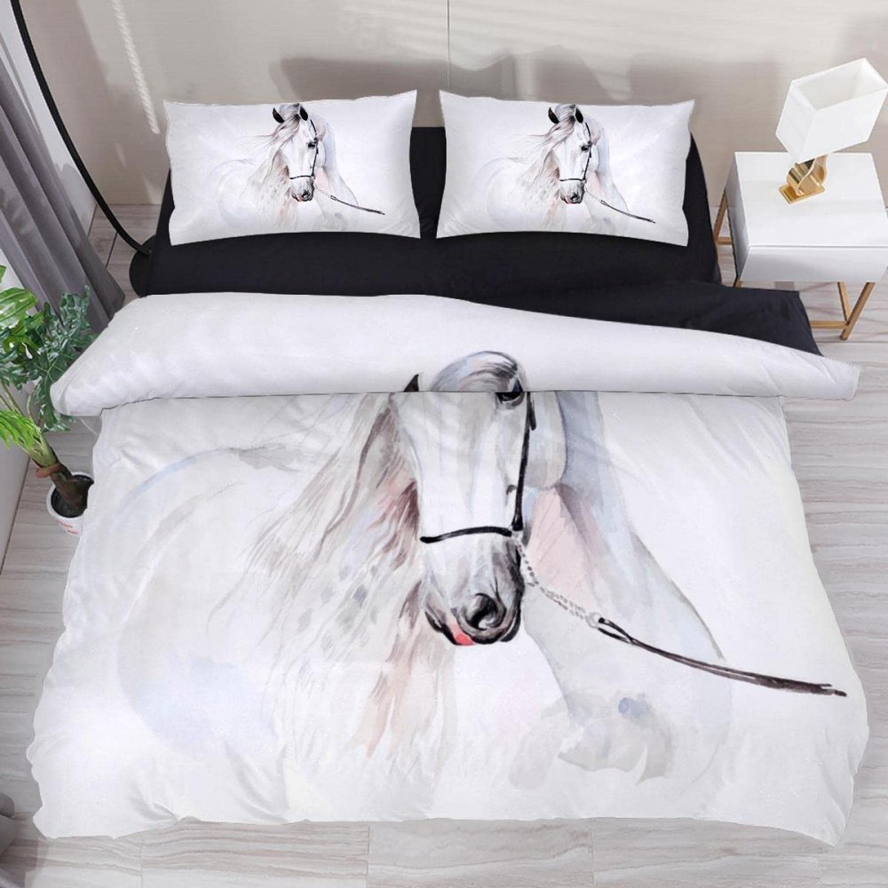 Watercolor White Horse Portrait Duvet Cover Set, Soft Tencel Bedding, Zipper Closure, 3-Piece