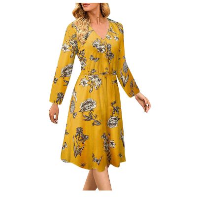 TYTUOO Women's Floral Print V-Neck Long-Sleeve Knee-Length Casual Dress, Sexy Lace (Yellow, M)