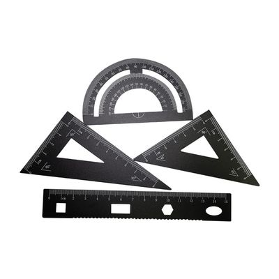 Set of 4 Mathematical Rulers, Geometry Tools, Lightweight Aluminum Alloy Rulers, Includes Straight Ruler, Triangle Ruler and Protractor, Black