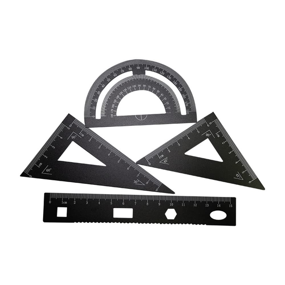 Set of 4 Mathematical Rulers, Geometry Tools, Lightweight Aluminum Alloy Rulers, Includes Straight Ruler, Triangle Ruler and Protractor, Black
