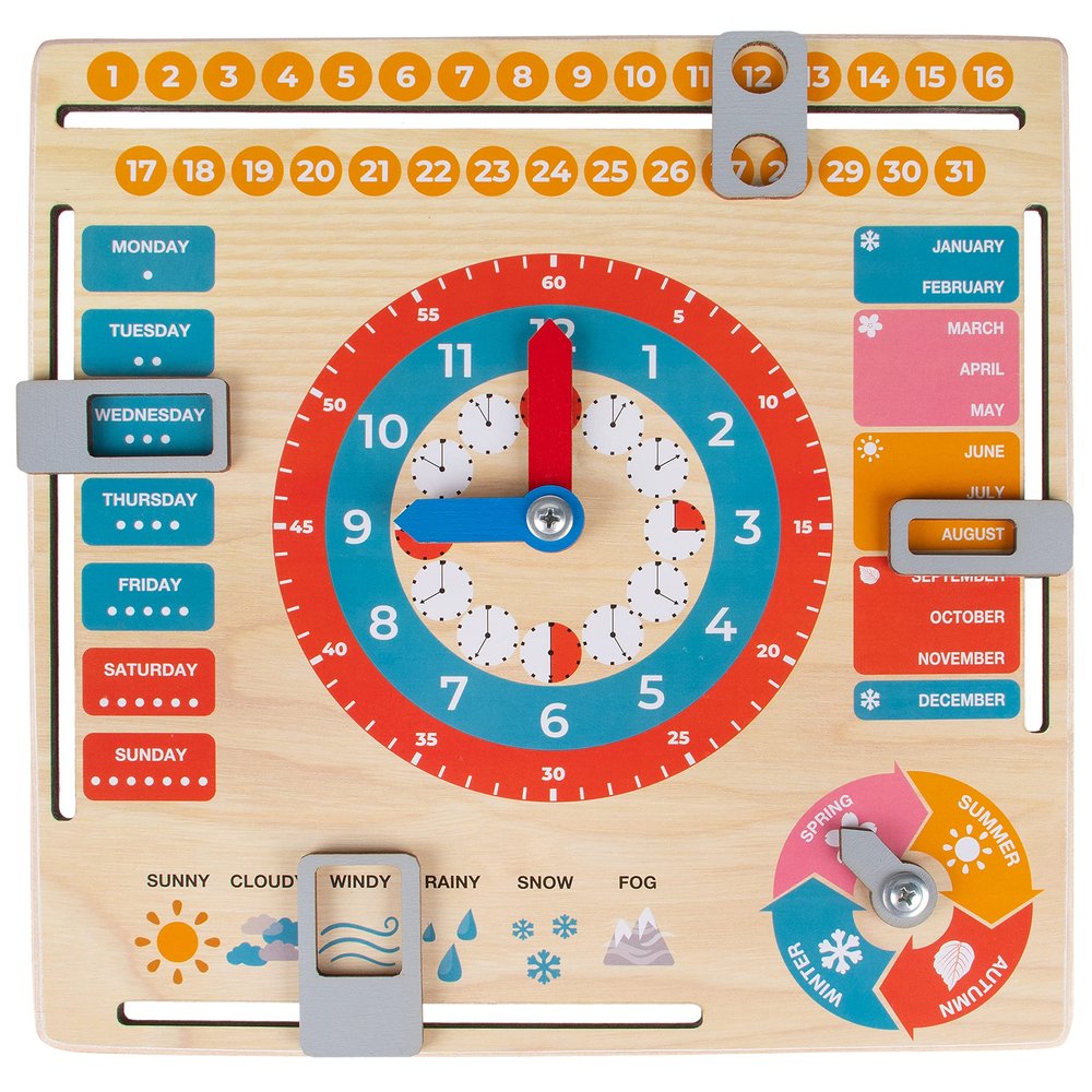 Wooden Educational Clock and Calendar for Children – English Learning Board, Ages 3+