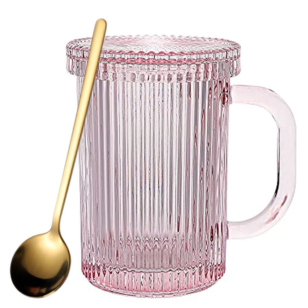 Pink Ribbed Transparent Coffee Cup with Glass Lid, 325 ml