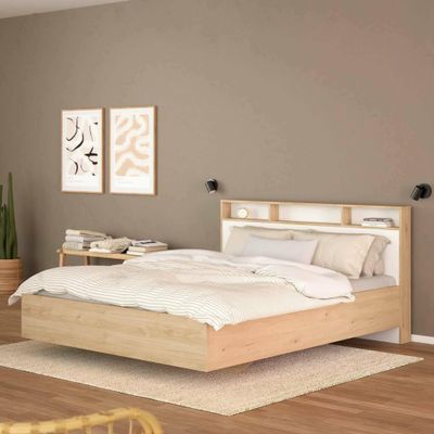 Dmora Carissa Double Bed with Storage, Fabric Upholstered Frame, 206 x 150 x 97 cm, Oak and White