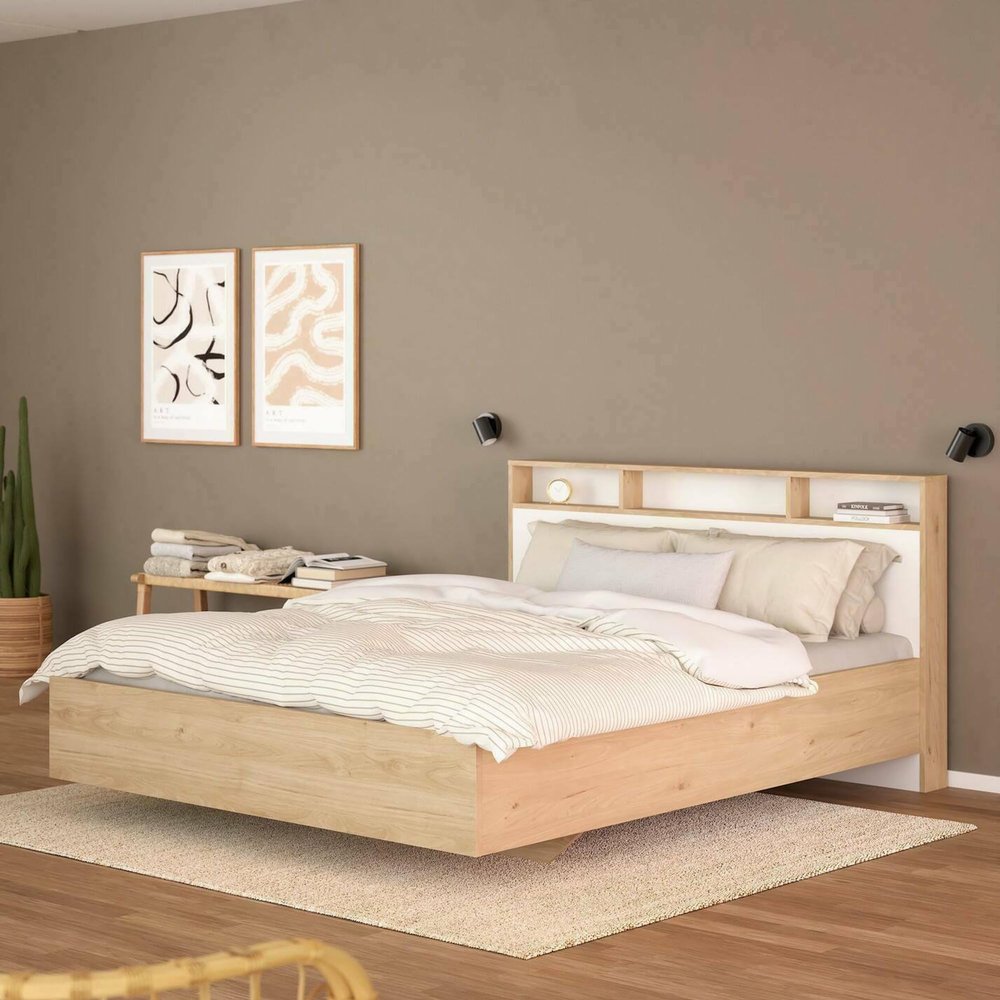 Dmora Carissa Double Bed with Storage, Fabric Upholstered Frame, 206 x 150 x 97 cm, Oak and White