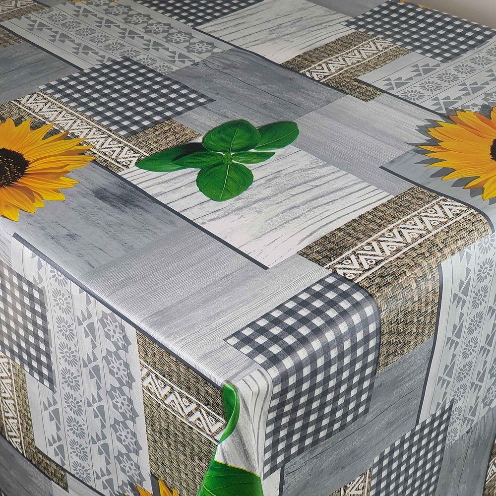 Oilcloth Tablecloth, Sunflowers & Basil, Rectangular, 120 x 500 cm, Washable