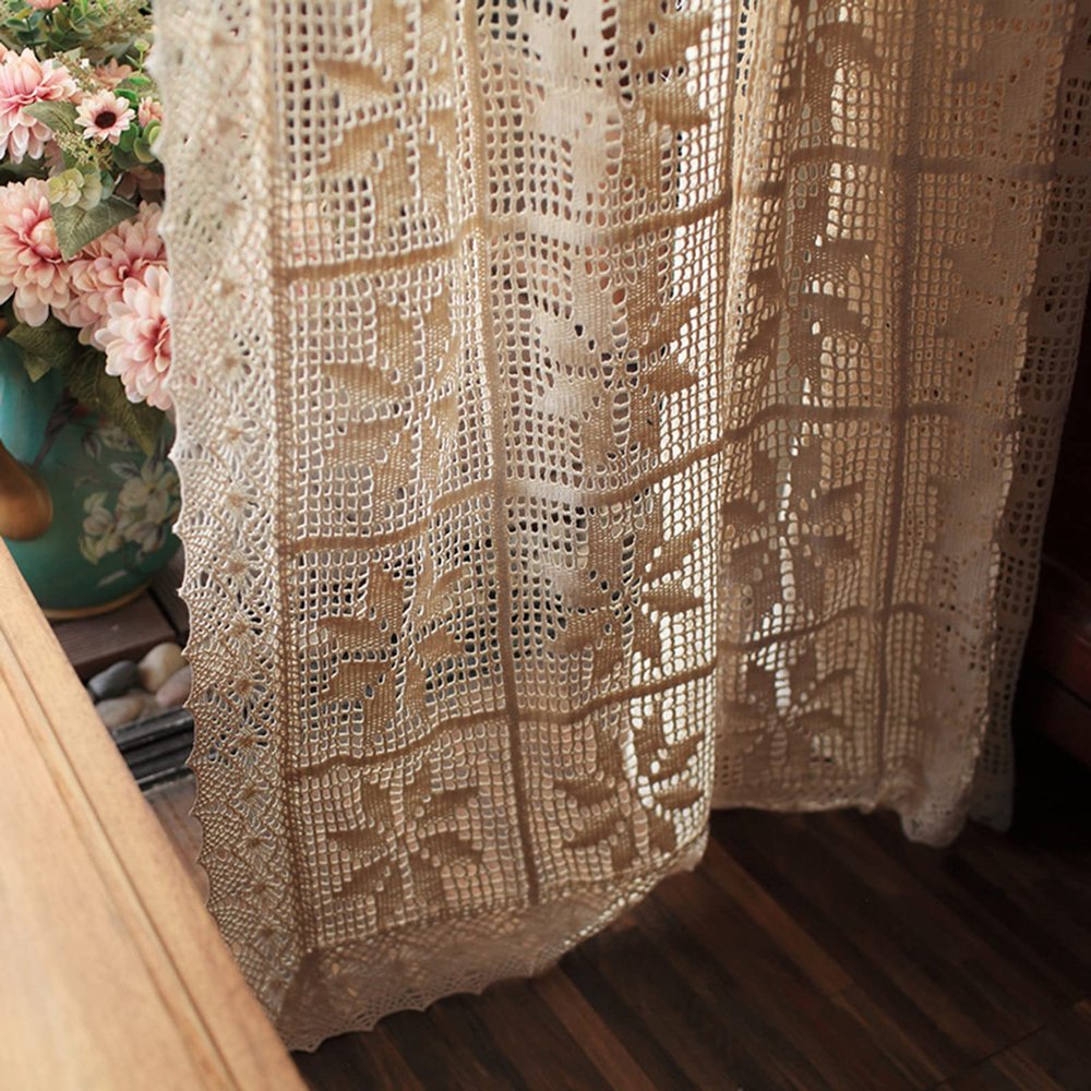 ksamwjf Beige Retro Openwork Semi-Transparent Curtain, 300 x 260 cm